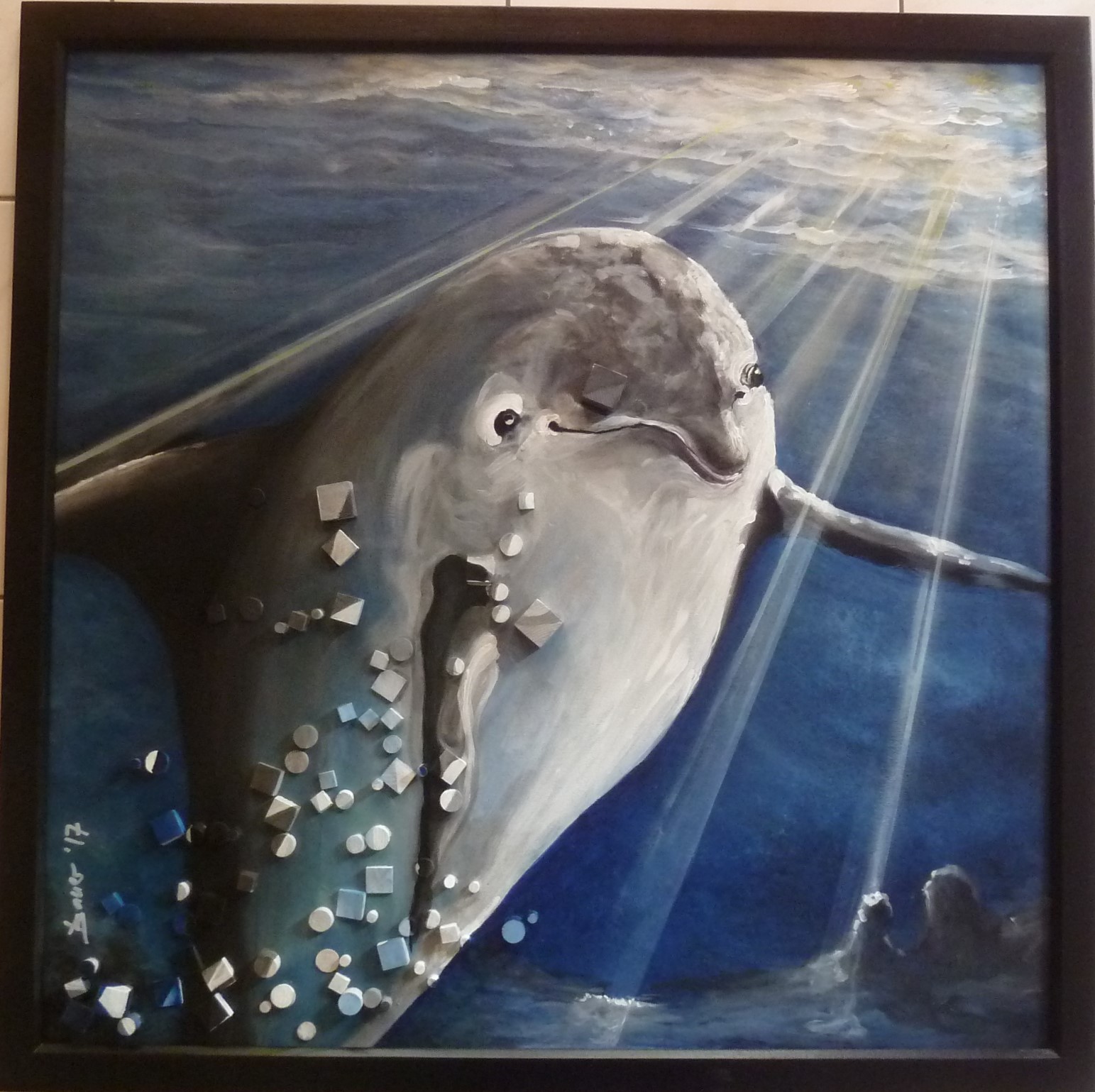 Acryl auf Holzplatte Jahr: 2017 Format: 80 cm x 80 cm Der Delfin dreht den Kopf je nachdem von wo man das Bild anschaut